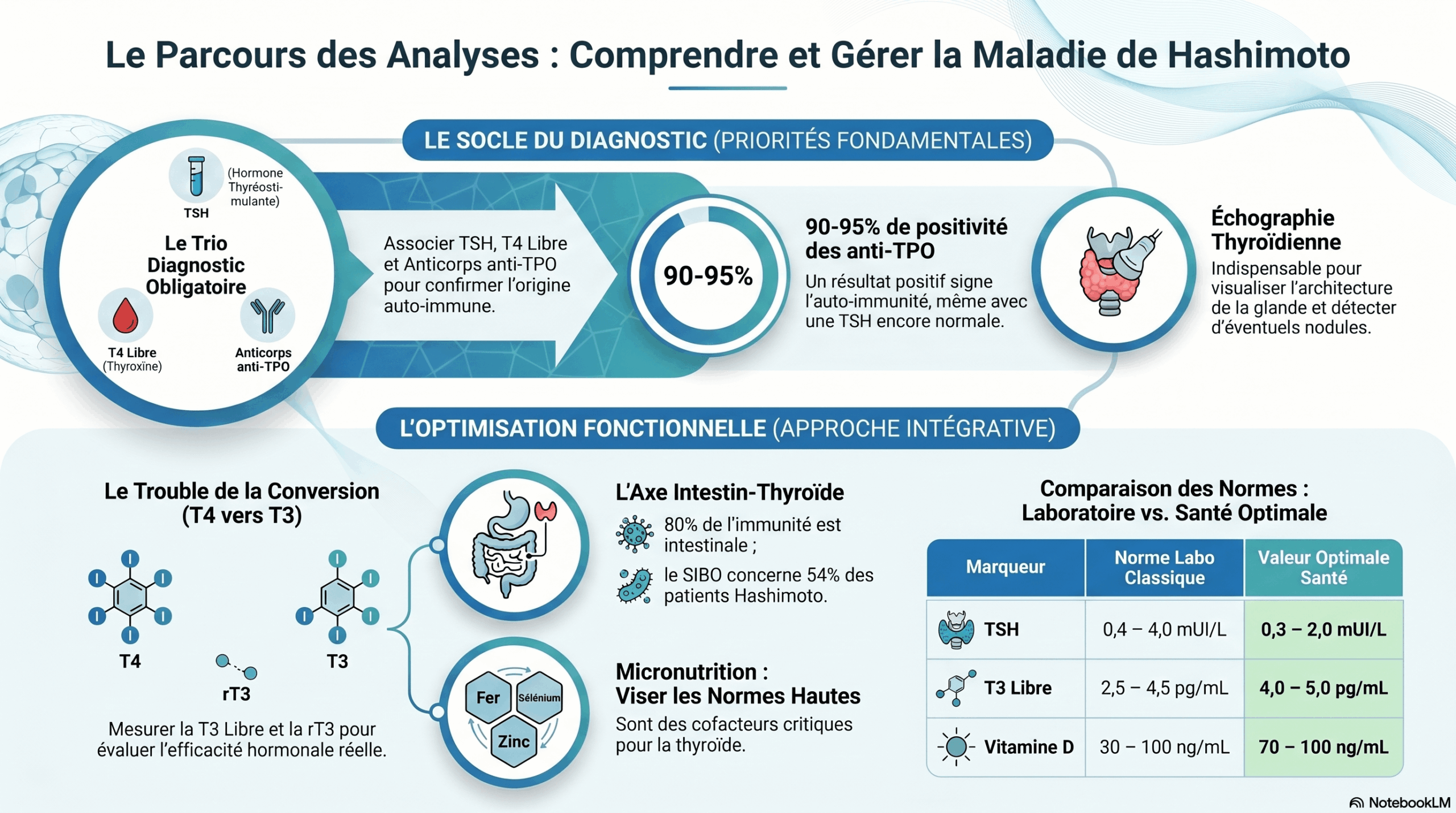 Le parcours des analyses pour comprendre et gérer la maladie de Hashimoto : socle du diagnostic (TSH, T4 libre, anti-TPO), trouble de la conversion T4 vers T3, axe intestin-thyroïde, micronutrition, comparaison des normes laboratoire et santé optimale