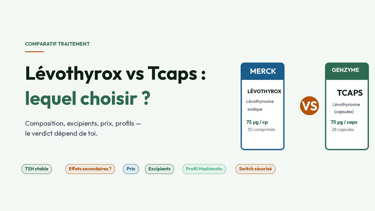 Lévothyrox vs Tcaps — comparatif des deux traitements hormone thyroïdienne.