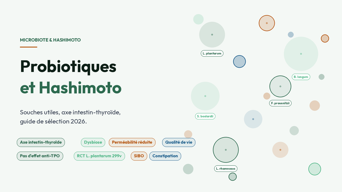 Probiotiques et Hashimoto : microbiote diversifié — souches L. plantarum, B. longum, S. boulardii, L. rhamnosus, F. prausnitzii.