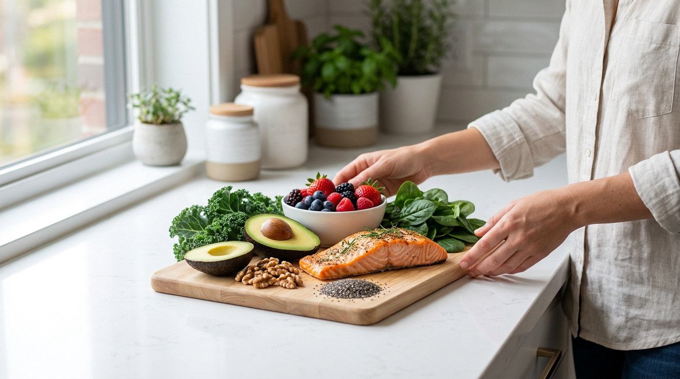 Une personne préparant un repas sain avec du saumon, de l'avocat, des baies, des noix et des légumes verts sur une planche.